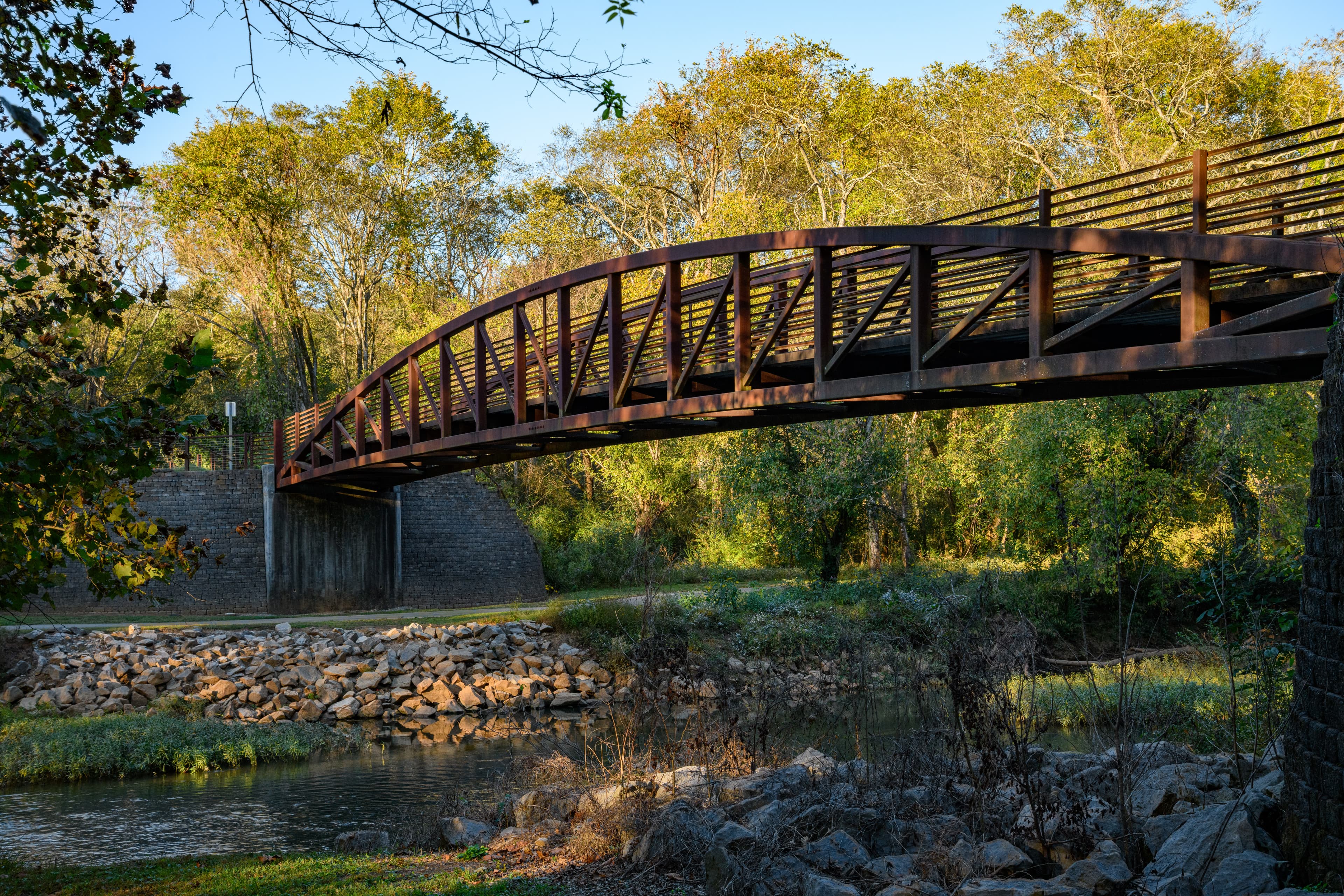 Flint River Greenway bridge inside Hays Nature Preserve in Huntsville, Alabama — lowland riparian crossing on the preserve's 10-mile trail system